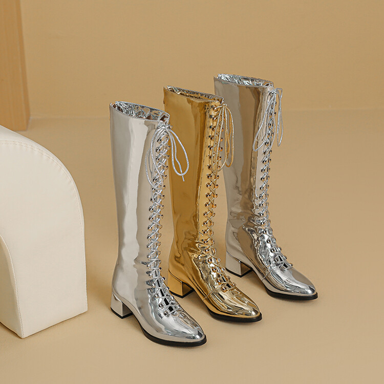 Gold Silver Pointed Toe High Shaft Mid Heel Chunky Heel Fashion Boots